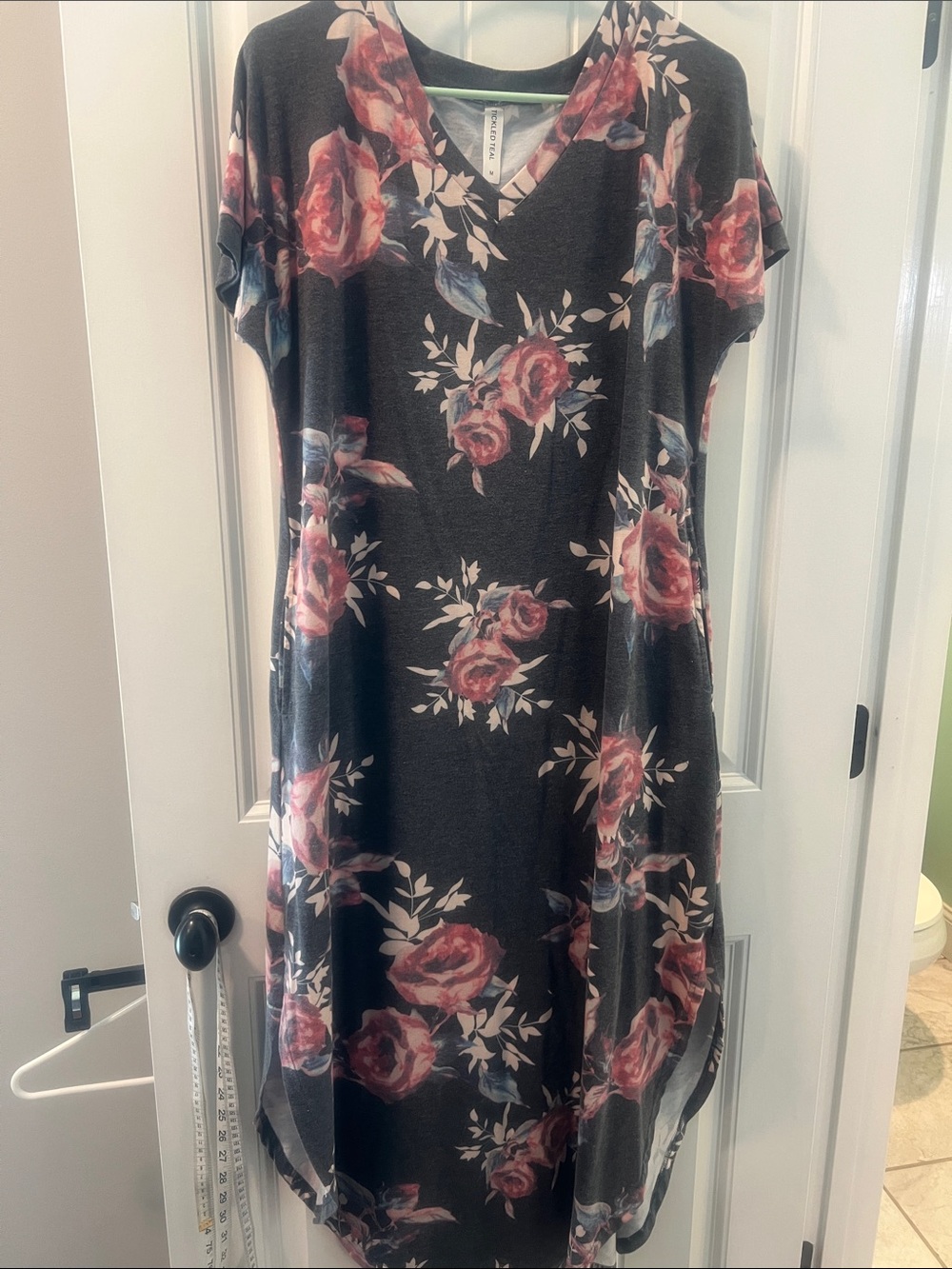 Dark Floral V-Neck Midi Dress with Pink Rose Print